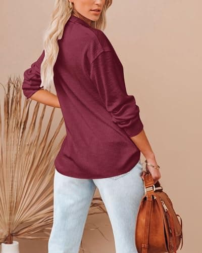 BTFBM Women Casual Button Down Fall Blouses 2025 Long Sleeve Solid Business Work Tops Cute Relaxed Fit Shirts(Solid Wine Red, Large) - Thumbnail 5