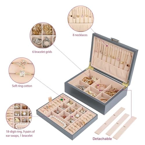 ASINGYER Small Jewelry Organizer for Women, 2-Layer Travel Jewelry Box with Portable Case, Necklace Ring Storage for Dresser, Girls Teens Gifts (Grey) - Thumbnail 5