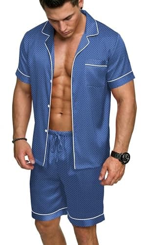 Ekouaer Gifts for Men, Silk Satin Short Sleeve Button Up Pajama Set with Pockets Slate Blue Medium - Image 1