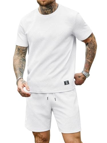 JEMLDL Mens 3XL White 2 Piece Set Summer Jacquard Knit T-Shirt Shorts Outfits Casual Lounge Wear Sweatsuit 3X-Large - Image 1