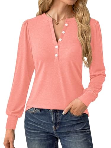 GKBK Women's Puff Long Sleeve Tunic V Neck Button Blouses Fall Tops Trendy Dressy Casual Business Henley Shirts Coral XL - Thumbnail 5