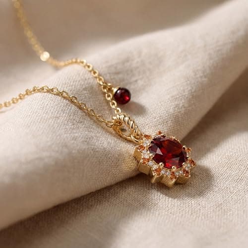 MEVECCO Radiant Sun Necklaces for Women, 14K Gold Plated Cubic Zirconia Detachable Birthstone Pendant Charm Jewelry Deep Red - Thumbnail 5