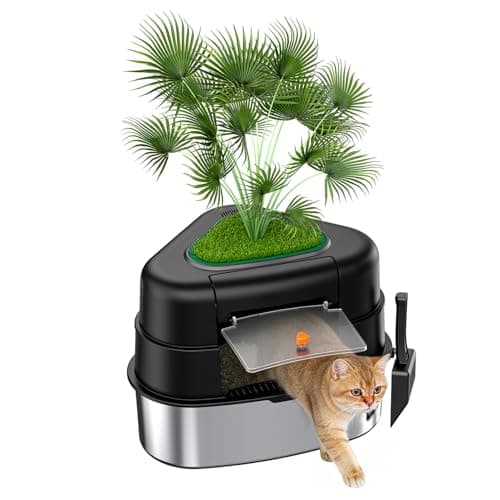 Hidden Plant Cat Litter Box Enclosure with Artificial Plant, Decorative Planter, Vented Carbon Filter for Odor Control, Easy-to-Clean Stainless Steel Corner Enclosure for Living Room/Bedroom, Black - Image 1