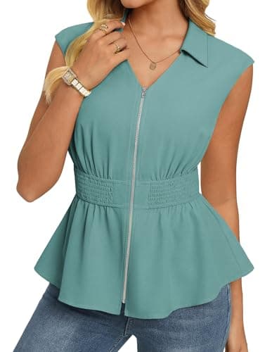GRACE KARIN Womens Peplum Tops Business Casual,Short Sleeve Work Blouses Summer,Zipper V Neck Shirts Cinched Smocked Waist, Turquoise, X-Large - Image 1