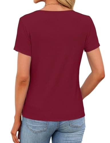 Short Sleeve Tops for Women Henley T Shirts Stretchy Ribbed Summer Tops Ribbed Knit Fitted Basic Slim Fitted Casual Top T-Shirt 2026 Red M - Thumbnail 5