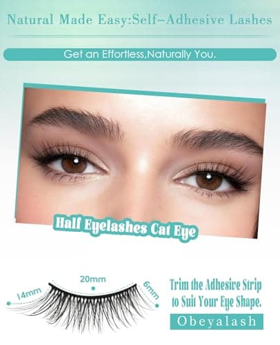 Obeyalash Self Adhesive Half Eyelashes Cat Eye, Waterproof 3/4 Corner False Lashes,5 Pairs Natural Look Stick on False Eyelashes, No Glue Needed, Wispy Glueless Lashes with Tweezers(14mm M874) - Thumbnail 3