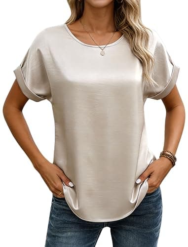 Rioofinx Womens Silk Blouse Silk Clothing Summer Tops Dressy Casual Elegant Short Sleeve Blouses Champagne L - Image 1