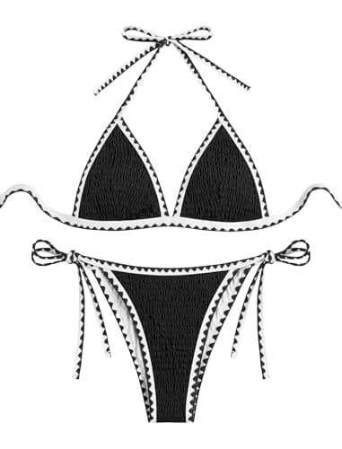 ZAFUL Women's Bikini Swimsuits Large Bust Sexy Bathing Suit 2 Piece String Bikini Halter Self Tied Straps Bathing Suit Top with Thong Bottom Tie Side Black L - Image 1