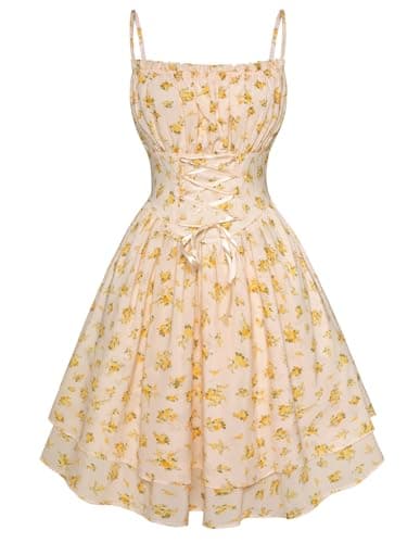 Scarlet Darkness Women Corset Floral Dress Spaghetti Strap Mini Sundress for Teens Yellow S - Image 1