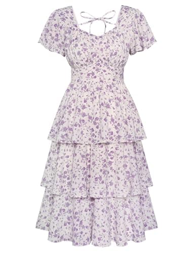 Belle Poque Women's Short Sleeve Square Neck Tiered Ruffle Dress 2025 Square Neck Holiday Beach Midi Dress Purple Large - Image 1