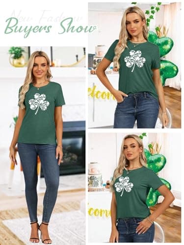 Binshre St. Patrick's Day Shirts for Women Four-Leaf Clover Printed Funny Irish Patty's Patricks Day Outfit Short Sleeve Tee Tops - Thumbnail 4