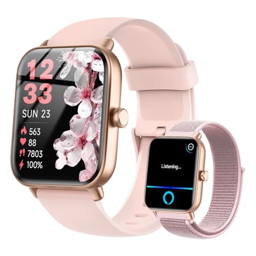 Quican Smart Watches for Women, 1.8 Inches Fitness Tracker with Alexa Built-in & Bluetooth Calling, Compatible with Android iPhone, Waterproof, Heart Rate Sleep Monitor, Includes 2 Bands - Light Pink - Image 1