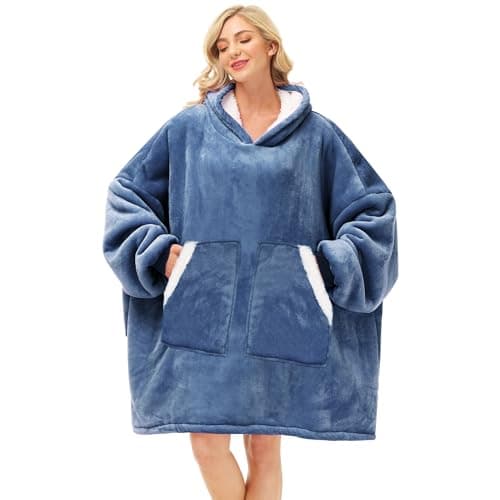 Kipswiza Oversized Wearable Blanket Hoodie, Cozy Sherpa Hooded Blankets Sweatshirt for Women Men Mom Daughter with Big Pockets as Gifts - Denim Blue - Image 1