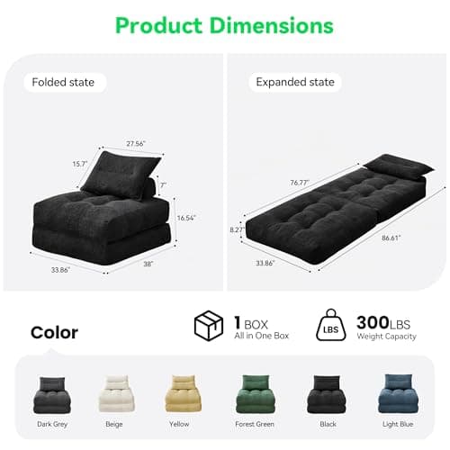 MONVANE Oversized Folding Sofa Bed, Fold Out Chair Bed with Pillow, Convertible Sleeper Chair for Living Room, Guest Room & Bedroom, 400+g Comfy Teddy Velvet Couch Bed for Adults & Kids, Black - Thumbnail 2