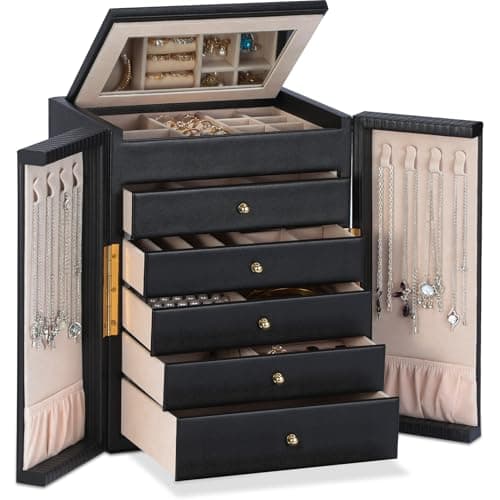 Dajasan Large Jewelry Organizer Box with 5 Drawers, Jewelry Box for Women, 6-Tier Jewelry Storage Organizer with Mirror for Necklace Ring Bracelet Watch, Gift Idea (Black) - Image 1