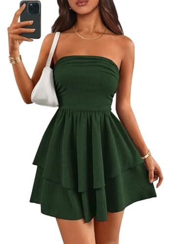 PRETTYGARDEN Women's 2026 Summer Strapless Tube Mini Dress Off Shoulder Smocked Ruffle A Line Flowy Short Party Club Dresses (Dark Green,X-Large) - Image 1