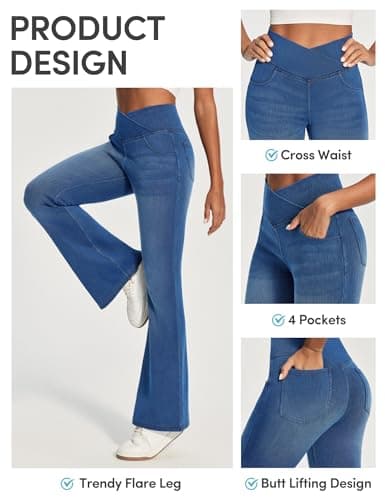 IUGA Stretchy Jeans for Women Bell Bottom Jeans V Cross High Waisted Jeggings Pull On Wide Leg Sweatpant Jean Flare Leggings(Whiskers Medium Wash, X-Large) - Thumbnail 3