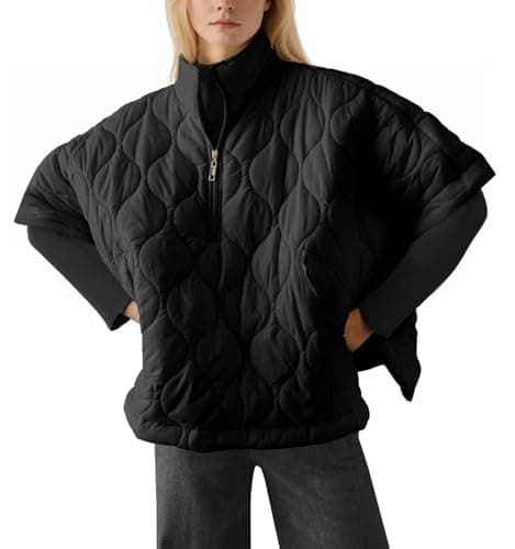 Fazortev Women's Puffer Poncho Pullover Quilted Jacket Short Sleeve Half Zipper Coat Cape Outerwear - Image 1