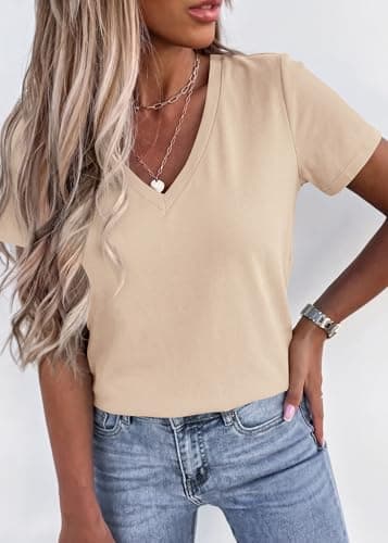 KIRUNDO V Neck T Shirts for Women Summer Tops Oversized Spring Short Sleeve Casual Basic Tees Tunic Blouse Fashion Clothing(Beige Apricot, X-Large) - Thumbnail 5