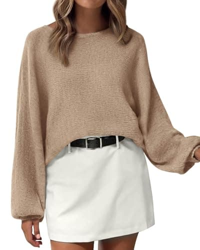 KIRUNDO Oversized Sweaters for Women Cozy Fall Fashion Boat Neck Batwing Sleeve Knit Pullover Sweater Tops Winter Clothes(Khaki, Small) - Image 1
