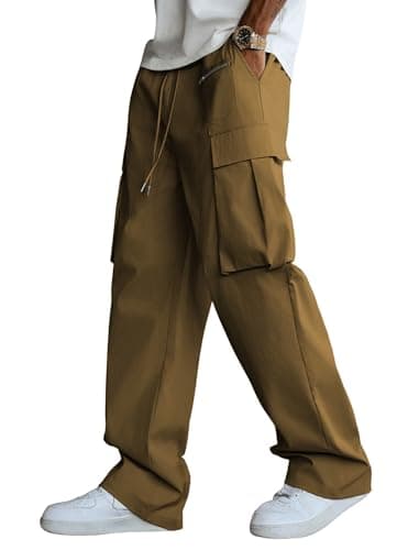 ZAFUL Men's Casual Cargo Pants Multi Pockets Elastic Waist Drawstring Pants Loose Fit Straight Leg Pants Brown M - Image 1