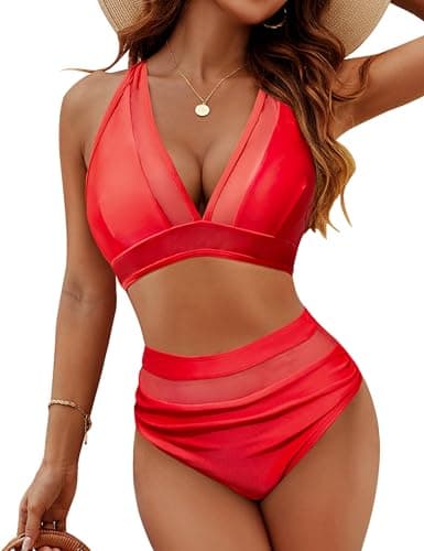 ZAFUL Sheer Mesh-Panel Bikini Halter Deep V High Waisted Back Tie Backless Tummy Control Neon Two Piece Swimwear Red XL - Image 1
