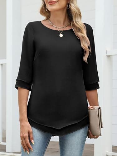 ANRABESS Womens 3/4 Sleeve Blouses Dressy Casual Double Layers Shirts Flowy Tunic Top 2026 Spring Beach Vacation Clothes Black Large - Thumbnail 2