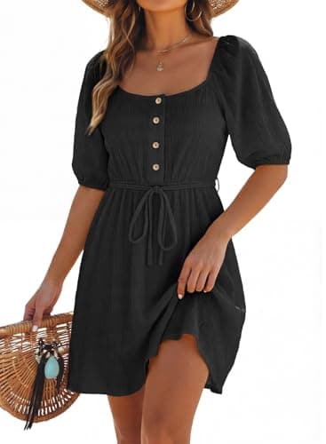 Dokotoo Dresses for Women 2026 Elegant Classy Fashion Embroidered Pleated Black Dress Tie Waist Square Neck Button Casual Beach Party Dress Short Sleeve Wedding Guest Dresses for Women X-Large - Image 1