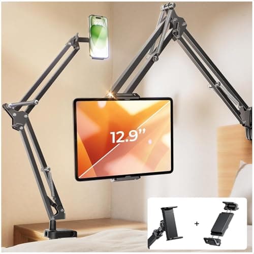 LISEN Tablet Stand iPad Stand for Desk Mount [Ultra Sturdy 2 Clamps] iPad Holder for Tablet Holder Mount Desk Accessories for Men fits iPhone Kindle 4-13" Device Valenties Day Gifts for Women (Black) - Image 1