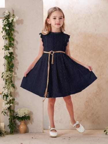 ALLOVIN Toddler and Girls Vintage Boho A-Line Lace Dress with Belt Pom Pom Trim Birthday Party Dress | Navy Blue | 10-11Y - Thumbnail 6