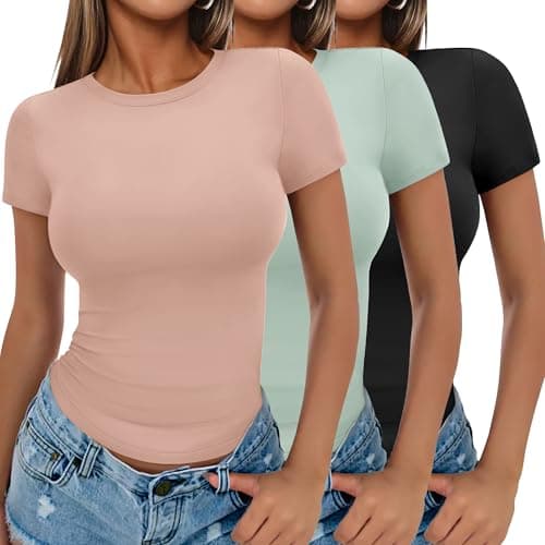 Ekouaer T Shirts for Women Slim Fit Tops Crew Neck Tees Trendy Clothes Base Layer Black/Light Green/Dirty Pink XS - Image 1