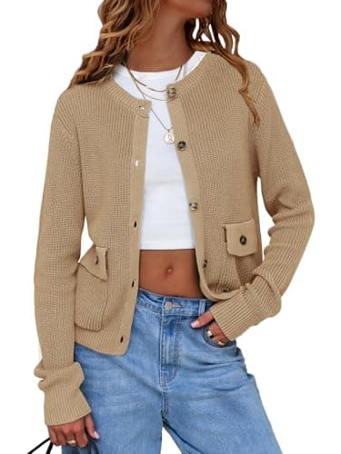 EXLURA Womens 2025 Knit Cardigan Sweaters Spring Fall Crewneck Open Front Button Jacket Fashion Outerwear Coats with Pockets Dark Khaki - Image 1