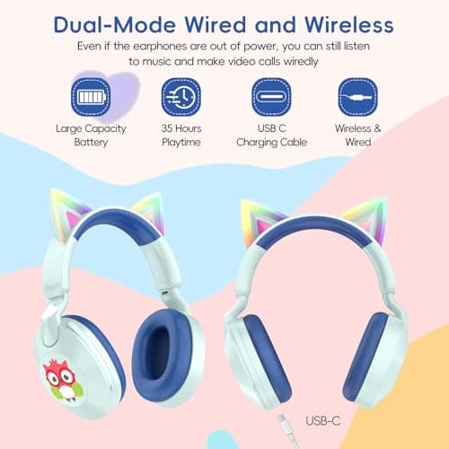 LOBKIN Kids Headphones with Microphone Bluetooth 6.0, Toddler Headphones LED Ligh Rotatable Foldable Sensitive Mic Adjustable 85/94dB Volume Limit Real-time Audio Feedback for Boys Girls Online School - Thumbnail 6