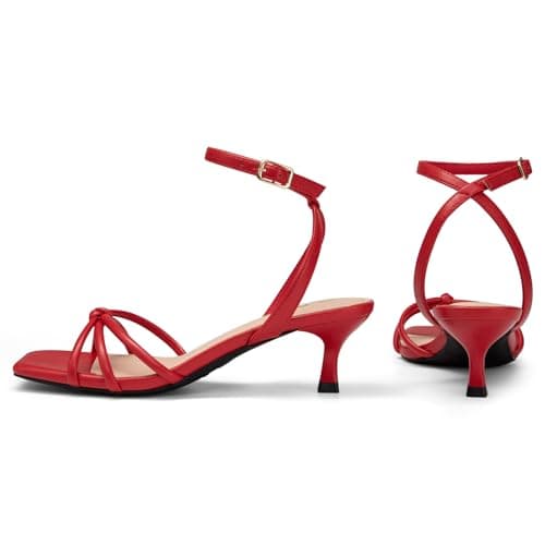 Athlefit Kitten Heels for Women Red Square Open Toe Strappy Low Heels Ankle Strap Summer Sexy Party Dress Sandals Size 7.5 - Thumbnail 6