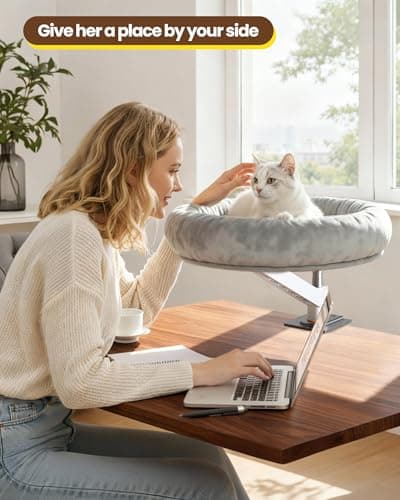 tomxcute Cat Desk Bed - Integrated Die-Cast Arm for Stability - 360° Rotation & Height Adjustable - 45 lbs Support - Cat Desk Perch for S/M/L Cat - Removable Washable Office Cat Bed with Wooden Base - Thumbnail 6