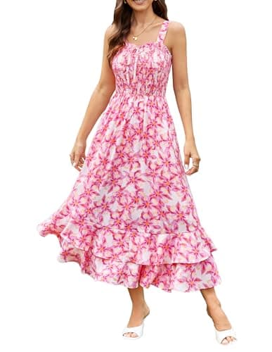 GRACE KARIN Women's 2026 Summer Floral Boho Dress Square Neck Strapped Swing A Line Sundress Beach Long Maxi Outfits Pink Yellow Floral XL - Image 1