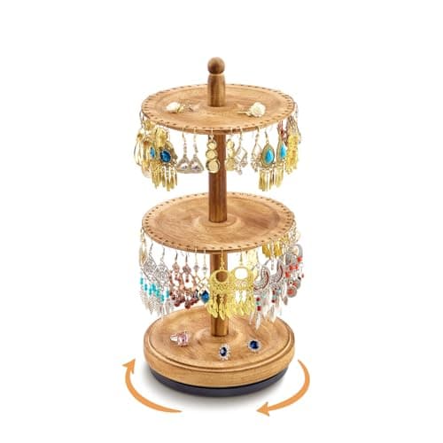 BNING Earring Holder Organizer, Rotating Solid Wood Earring Organizer Stand for Women Girls, 3-Tier Jewelry Holder Organizer With 102 Holes for Display, Gifts for Her (Brown) - Image 1