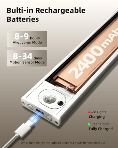 AMETHEUS 4Pack 12inch Under Cabinet Lighting with Remote, 2400mAh USB Rechargeable Battery LED Lights, Smart Motion Sensor Wireless Indoor, Dimmable 3 Color Temps Closet Light for Kitchen, Stairs - Thumbnail 5