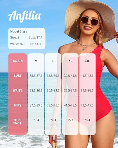 ANFILIA Tankini Bathing Suits for Women Two Piece Tummy Control Tankini Swimsuits Scallop Swimwear Ruched Tankini Set Red - Thumbnail 6