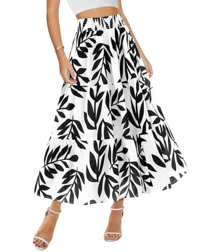 BTFBM Skirts for Women Floral Print Fall Fashion 2026 A Line Elastic High Waist Boho Holiday Maxi Skirt Pockets(Leaf Black, X-Large) - Image 1