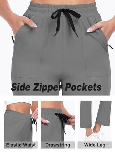 AGVNG Women's Pants Casual Wide Leg Pants High Waisted Elastic Waist Drawstring Lightweight Lounge Work Travel Comfy Trousers Pants with 2 Pockets Grey L - Thumbnail 6