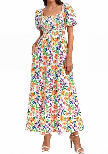 BTFBM Womens Spring Summer Dresses 2026 Square Neck Puff Short Sleeve Smocked Floral Boho Beach Wedding Guest Maxi Dress(Floral Light Green Multi, Large) - Image 1