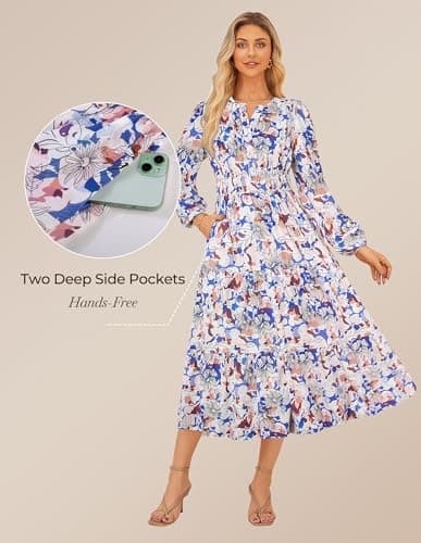 GRACE KARIN Long Sleeve Dress for Women 2026 Spring Wedding Guest Dress Floral Boho A Line Flowy Maxi Dresses with Pockets Skybule White Floral XL - Thumbnail 4