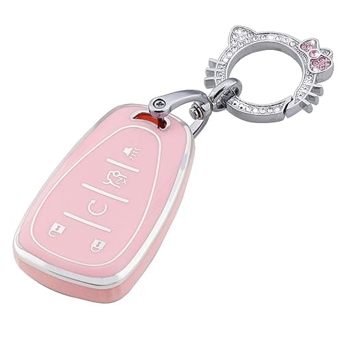 Pangpai Pink Key Fob Cover for Chevy, Soft TPU Key Case Protection with Bling Keychain Fit for Chevrolet Equinox Malibu Camaro Traverse - Image 1