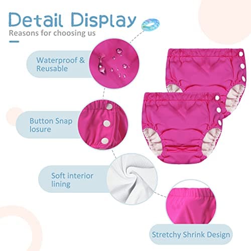 2PCS Reusable Swim Diapers - Toddler Baby Swim Diaper Washable Snap Pool Swimming Diaper Soft and Silky Waterproof Diapers for Swimming Lessons Boys and Girls - Thumbnail 3