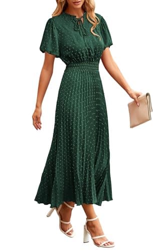 PRETTYGARDEN Summer Dresses for Women Midi Puff Short Sleeve V Neck Swiss Dot Pleated A Line Long Casual Wedding Guest Dress (Dark Green,XX-Large) - Image 1