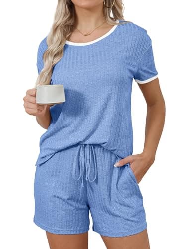 HDLTE Womens Ribbed Sleepwear Outfits Short Sleeve Top and Shorts 2 piece Lounge Set Blue - Image 1