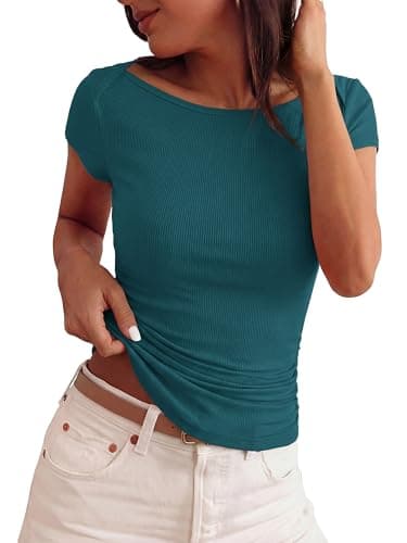 BTFBM Womens Summer Tops 2026 Ribbed T Shirts Crew Neck Short Sleeve Stretchy Ruched Slim Fit Workout Going Out Top(Lake Blue, Small) - Image 1