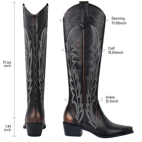 LeunDen Black Cowboy Boots for Women with Embroidery, Knee High Cowgirl Boots with Pointed Toe, Chunky Heel Western Boots Tall Long Boots Size 9 - Thumbnail 4