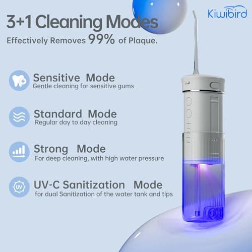 KIWIBIRD Mini Water Flosser for Travel, Ultra-Portable Cordless Oral Irrigator with UVC Light, IPX8 Waterproof 3 Modes, 230mL Teeth Cleaner for Tonsil Stones & Braces Care - Home & Travel (Grey) - Thumbnail 4